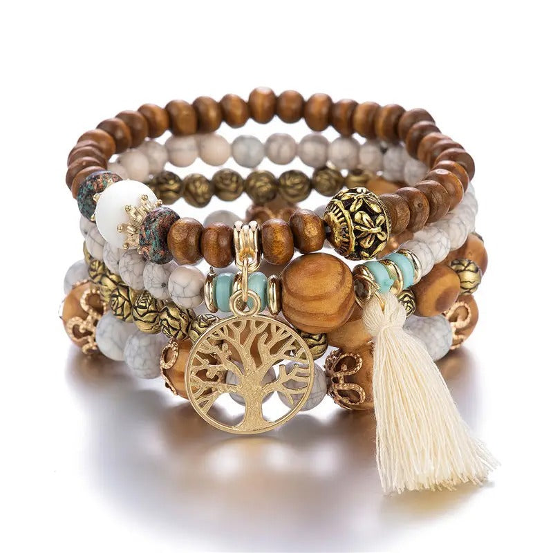 Dames Boho Levensboom Kralen Armband Set | Handgemaakte Houten Kralen | Gelaagde Stapel