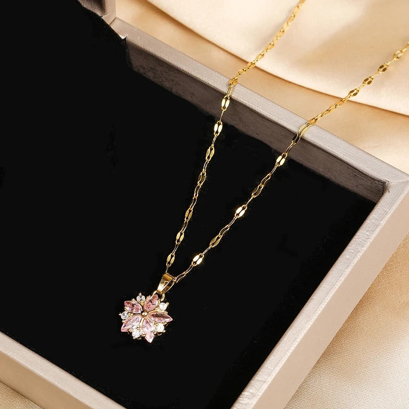 Dames Roze Sakura Hanger Ketting | 18K Verguld Roestvrij Staal | Romantisch Cadeau