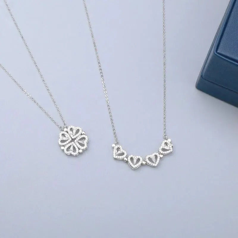 Dames Vier-Hart Bloem Hanger Ketting | 18K Verguld | Dubbel-Draagbaar Magnetisch Design