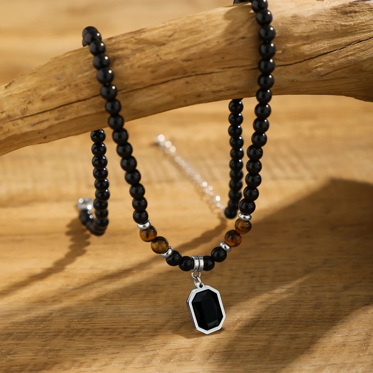 Heren Zwarte Kralen Ketting | Vierkante Hanger | Roestvrij Staal & Acryl | Streetwear Stijl