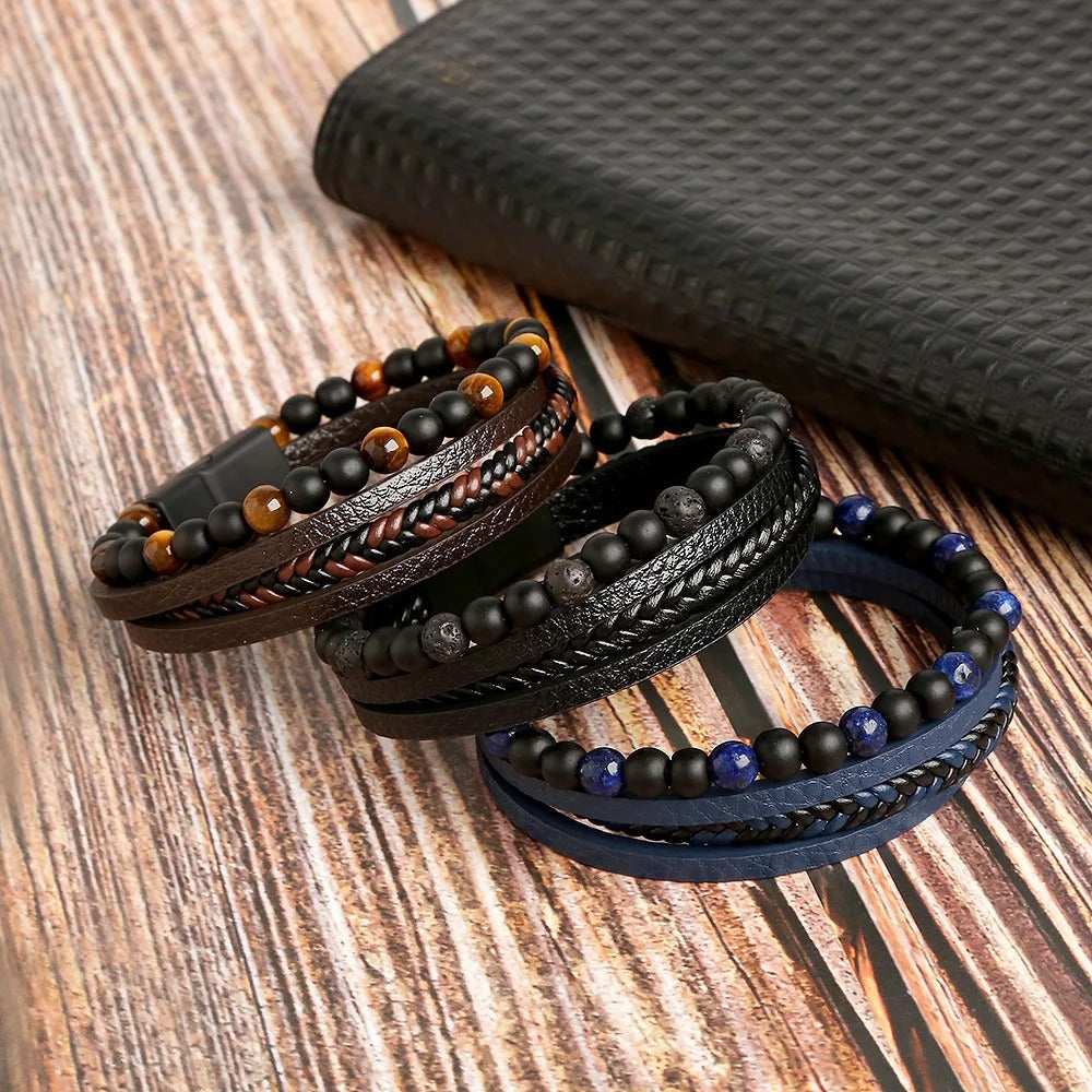 Heren Multi-Laags Leren Armband | Handgeweven met Natuurstenen Kralen | Tijgeroog & Lapis