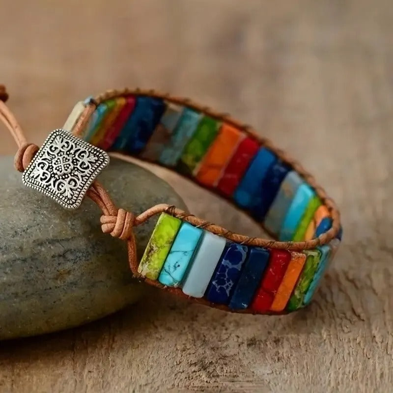 Boho Meerkleurige Steen Wrap Armband | Handgemaakt Leer Chakra Genezing | Unisex