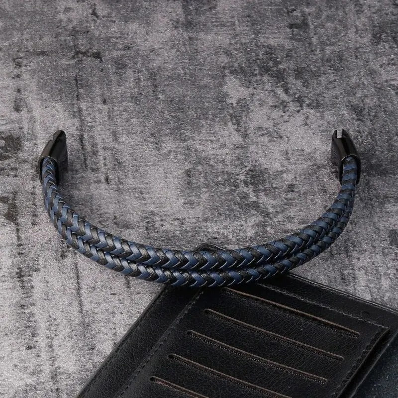Heren Gevlochten Leren Armband | Dubbele Band | Magnetische Sluiting | Klassieke Stijl