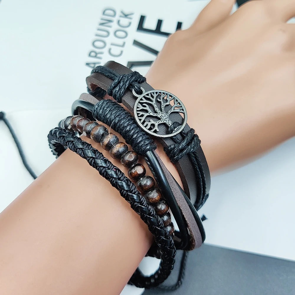 Heren Multi-Laags Wrap Armband Set | Handgemaakte Leren Bangles | Levensboom & Bedels