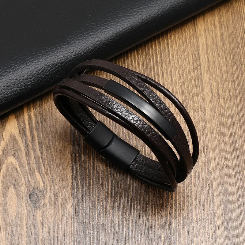 Heren Multi-Laags Leren Armband | Retro Punk Stijl | Magnetische Sluiting