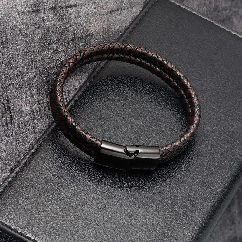 Heren Gevlochten Leren Armband | Dubbele Band | Magnetische Sluiting | Klassieke Stijl