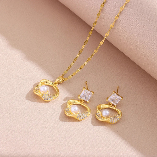 Dames 18K Vergulde Parel & CZ Sieradenset | Ketting & Oorbellen | Luxe Cadeau