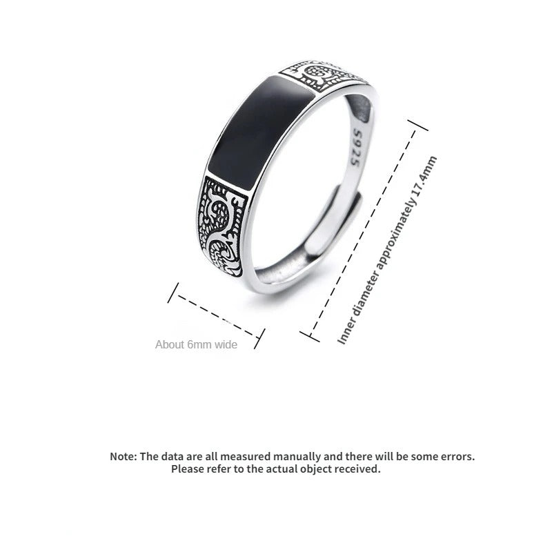 Vintage Zwart Onyx Draak Ring | Open Verstelbare Band | Unisex Retro Gotische Stijl
