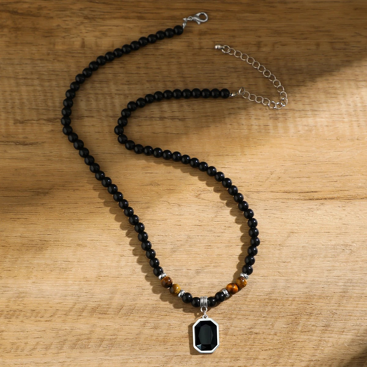 Heren Zwarte Kralen Ketting | Vierkante Hanger | Roestvrij Staal & Acryl | Streetwear Stijl