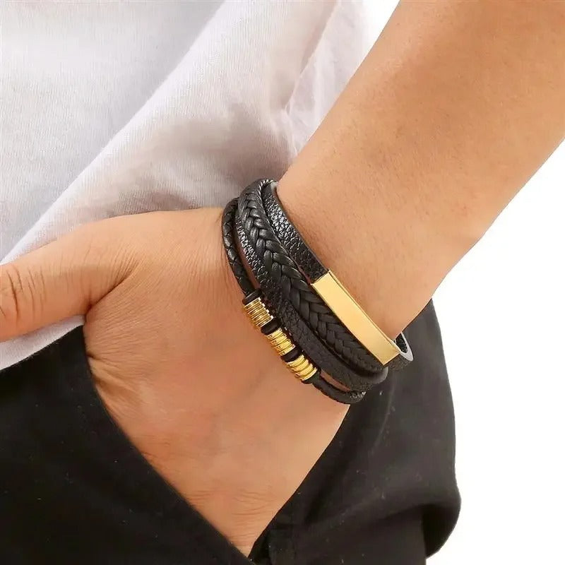 Heren Multi-Laags Gevlochten Leren Armband | Zwart & Goud Punk | Zinklegering Accenten
