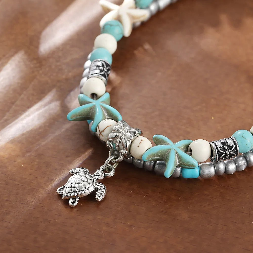 Dames Boho Zeeschildpad & Zeester Kralen Enkelbandarmband | Strandstijl | Gelaagde Enkel Armband