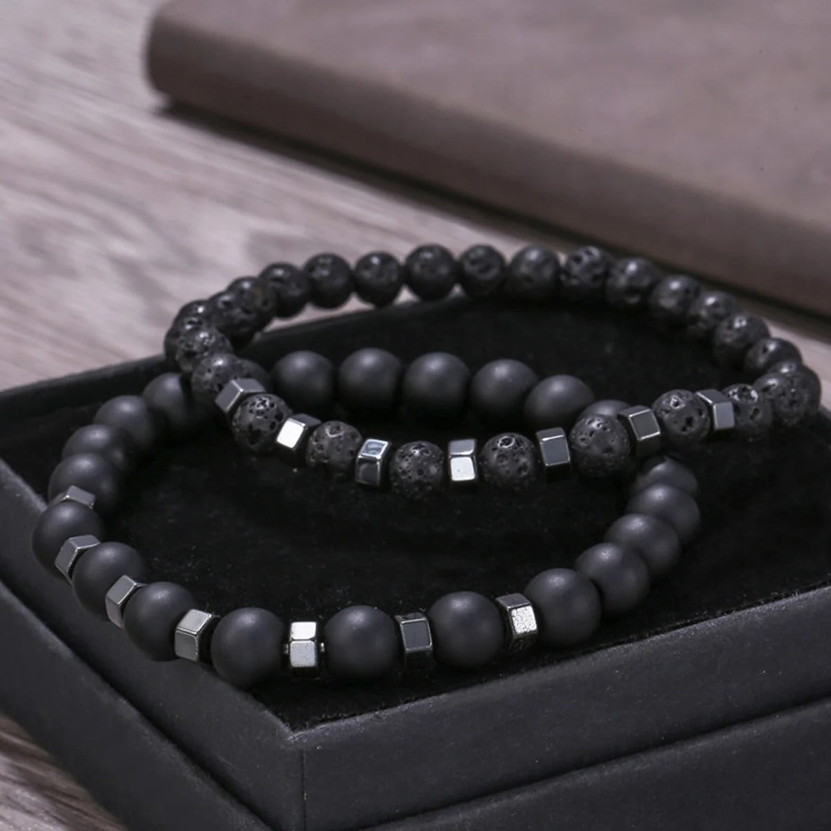 Heren Lavasteen & Mat Onyx Armband Set | Stapelbare Energie Armband | Natuursteen