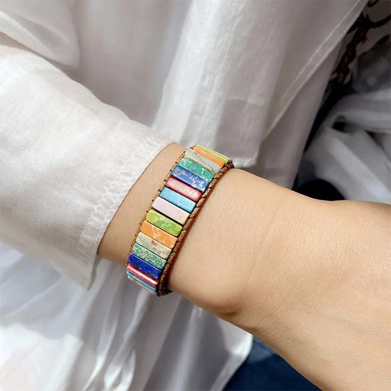 Boho Meerkleurige Steen Wrap Armband | Handgemaakt Leer Chakra Genezing | Unisex