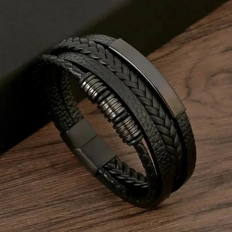 Heren Multi-Laags Gevlochten Leren Armband | Zwart & Goud Punk | Zinklegering Accenten