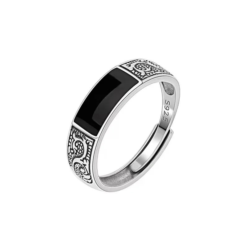 Vintage Zwart Onyx Draak Ring | Open Verstelbare Band | Unisex Retro Gotische Stijl
