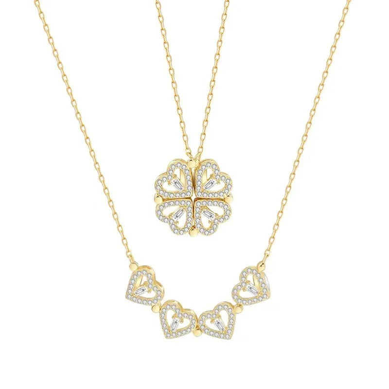 Dames Vier-Hart Bloem Hanger Ketting | 18K Verguld | Dubbel-Draagbaar Magnetisch Design