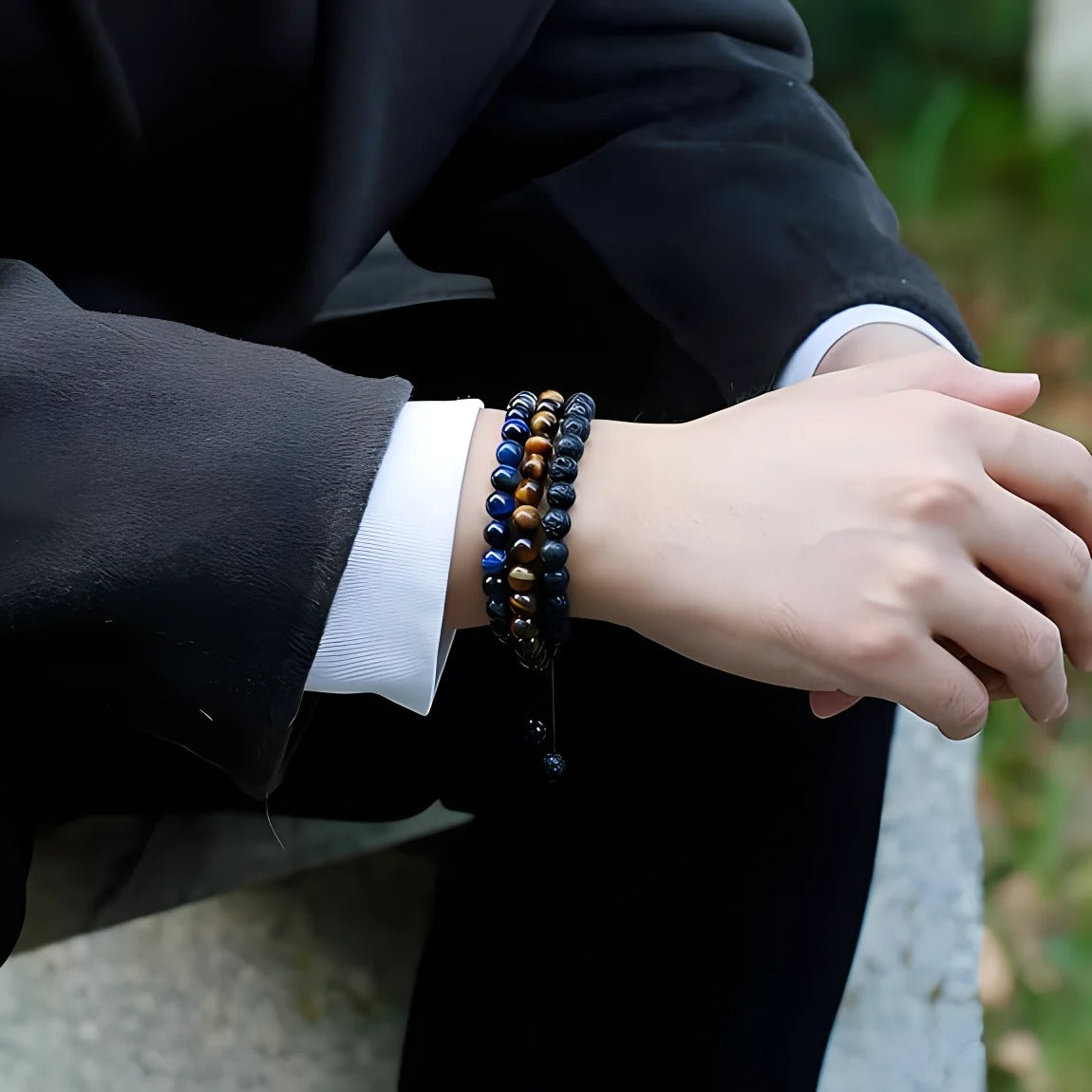 Natuursteen Kralen Armband | Tijgeroog, Lavarots & Onyx | Unisex Helende Energie