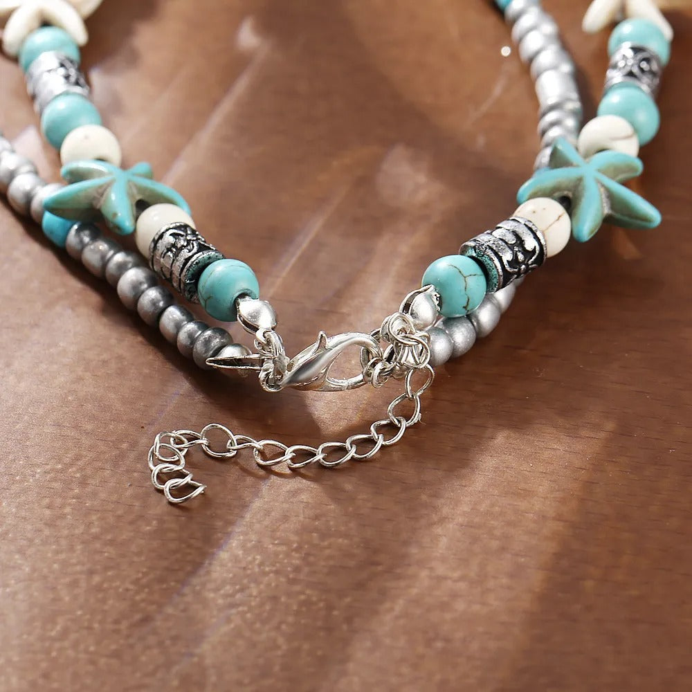 Dames Boho Zeeschildpad & Zeester Kralen Enkelbandarmband | Strandstijl | Gelaagde Enkel Armband