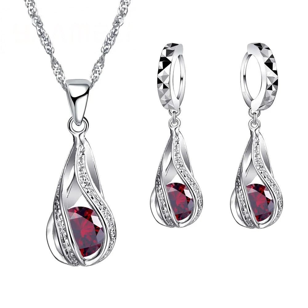 Dames Waterdruppel CZ Sieradenset | Verzilverde Ketting & Oorbellen | Elegant Cadeau