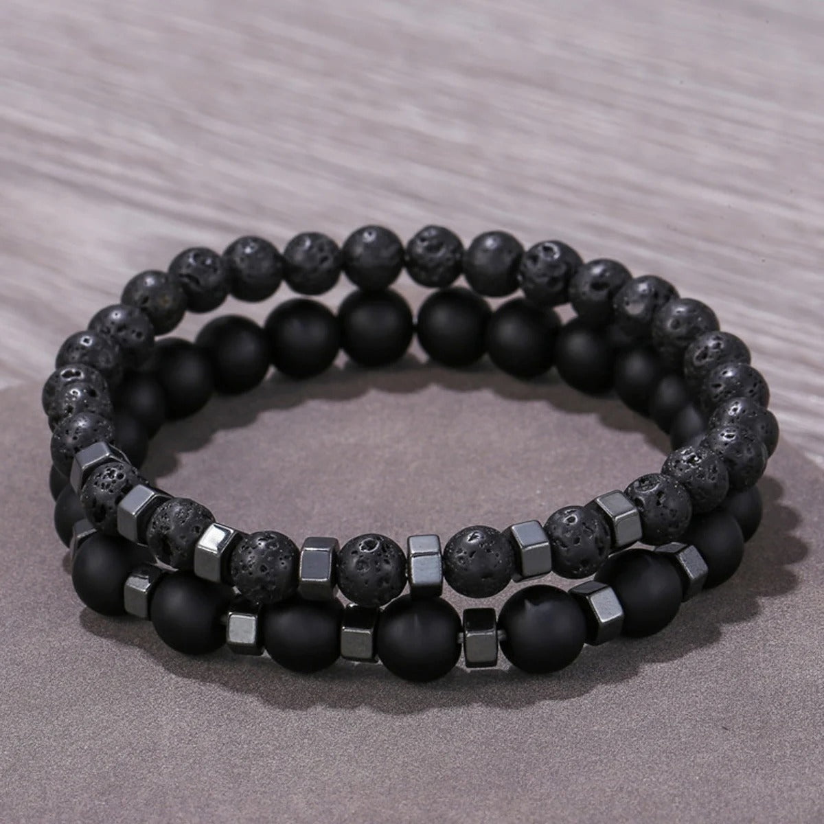 Heren Lavasteen & Mat Onyx Armband Set | Stapelbare Energie Armband | Natuursteen