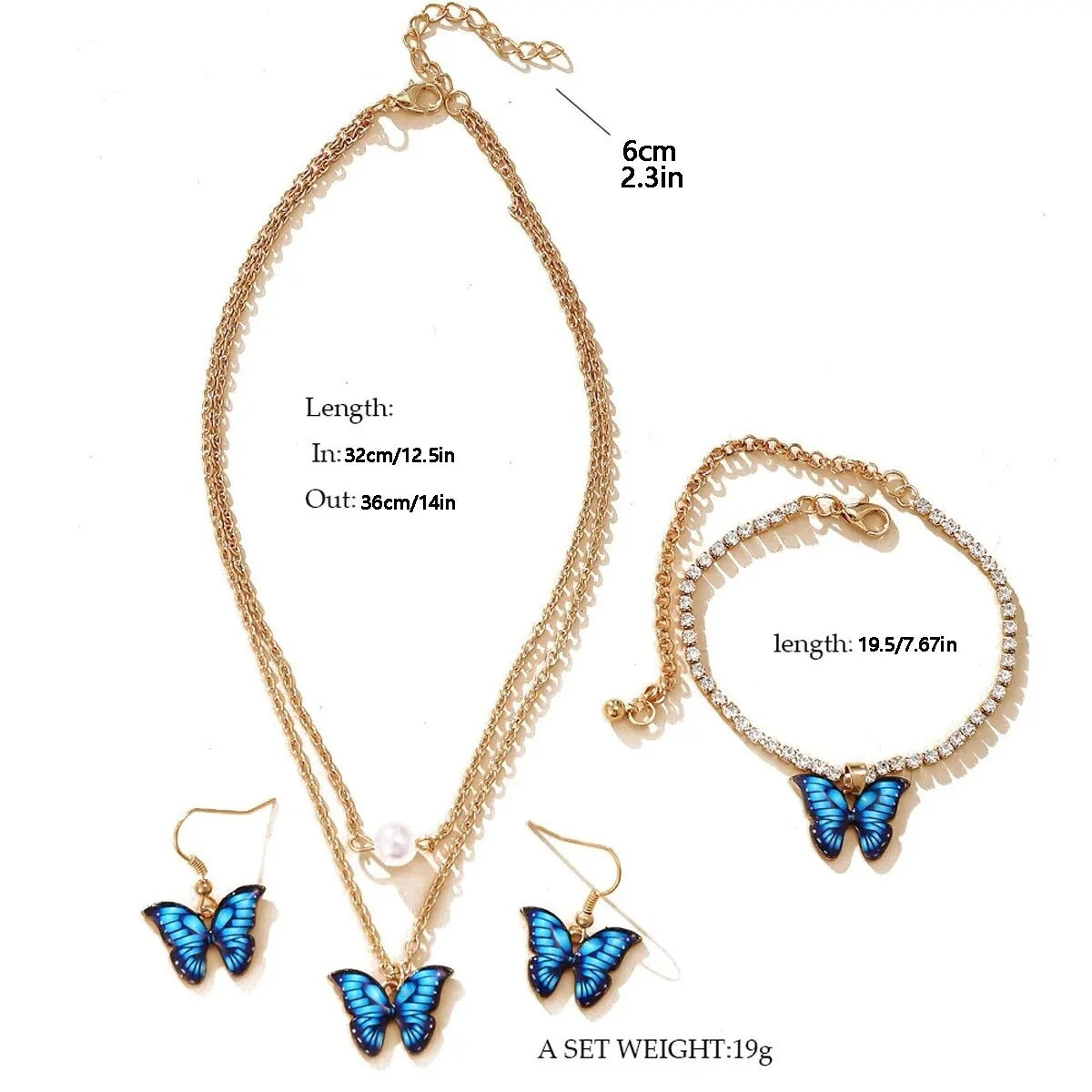 Dames Vlinder Sieradenset | Ketting, Oorbellen & Armband | Goud Kristal | Cadeau Set