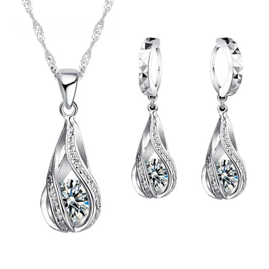 Dames Waterdruppel CZ Sieradenset | Verzilverde Ketting & Oorbellen | Elegant Cadeau
