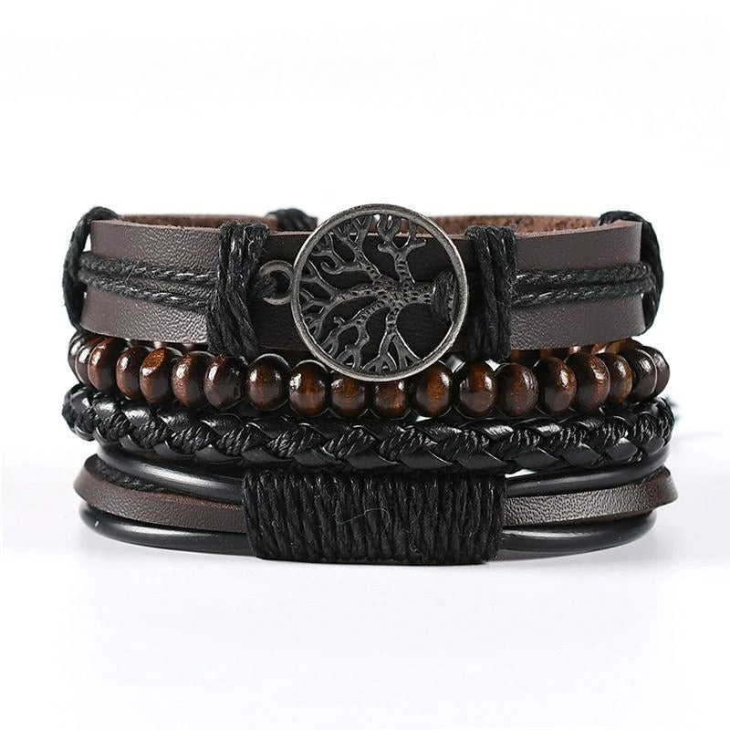 Heren Multi-Laags Wrap Armband Set | Handgemaakte Leren Bangles | Levensboom & Bedels