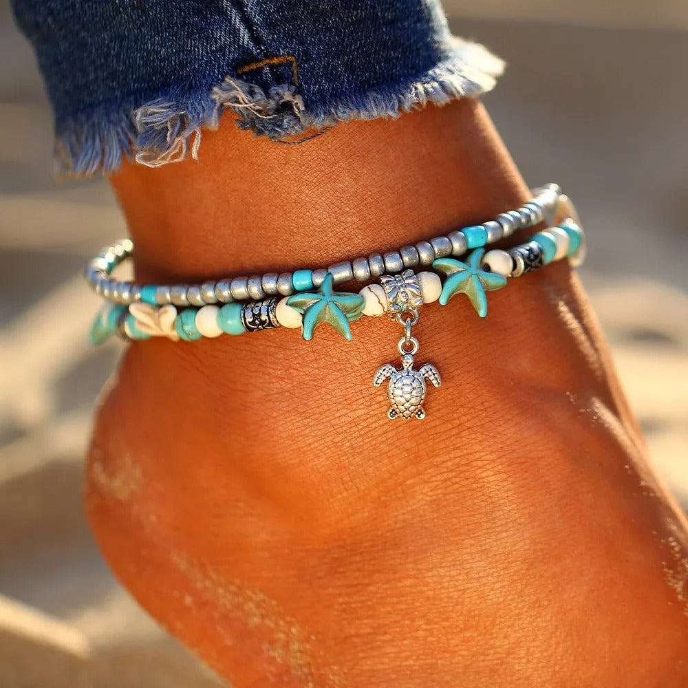 Dames Boho Zeeschildpad & Zeester Kralen Enkelbandarmband | Strandstijl | Gelaagde Enkel Armband