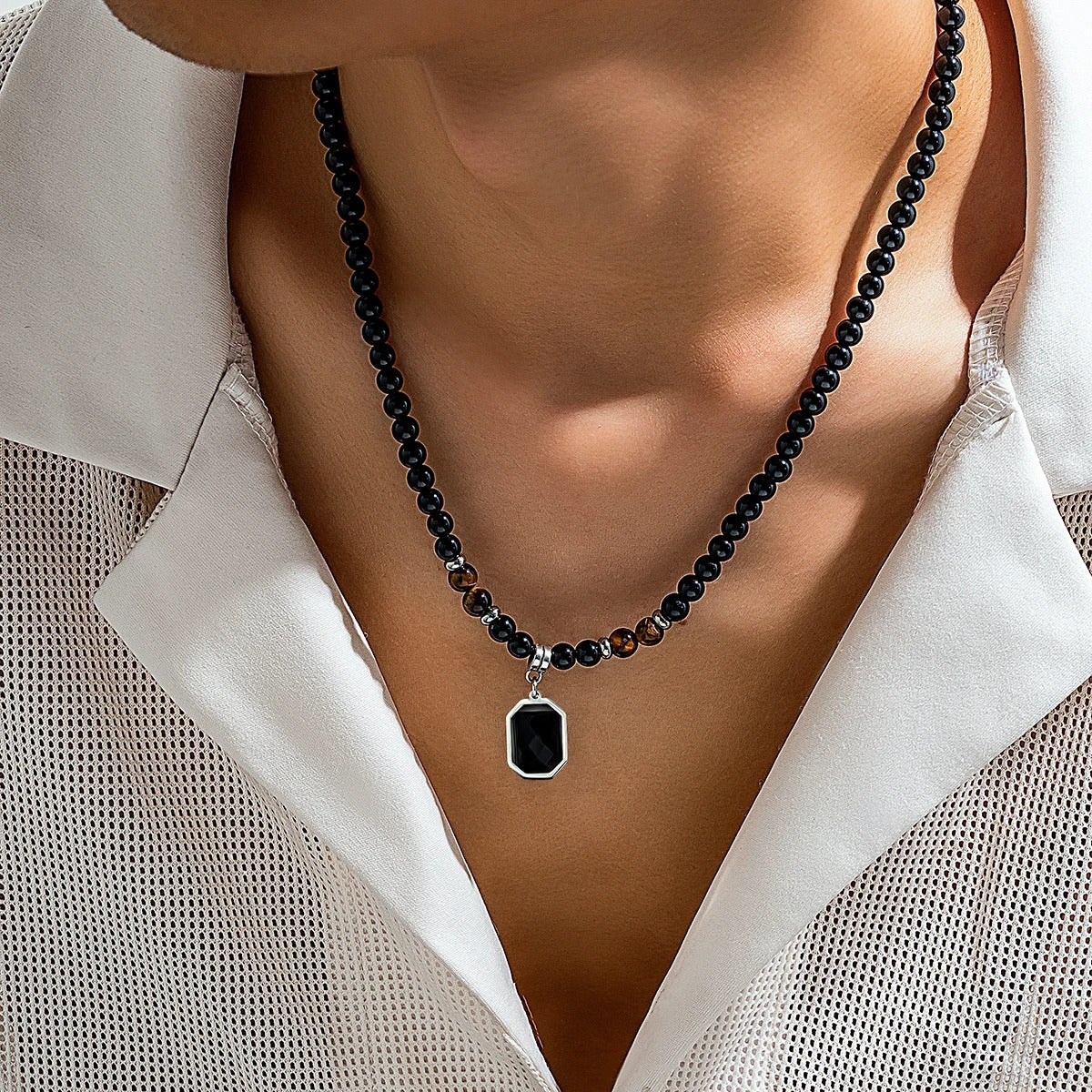 Heren Zwarte Kralen Ketting | Vierkante Hanger | Roestvrij Staal & Acryl | Streetwear Stijl