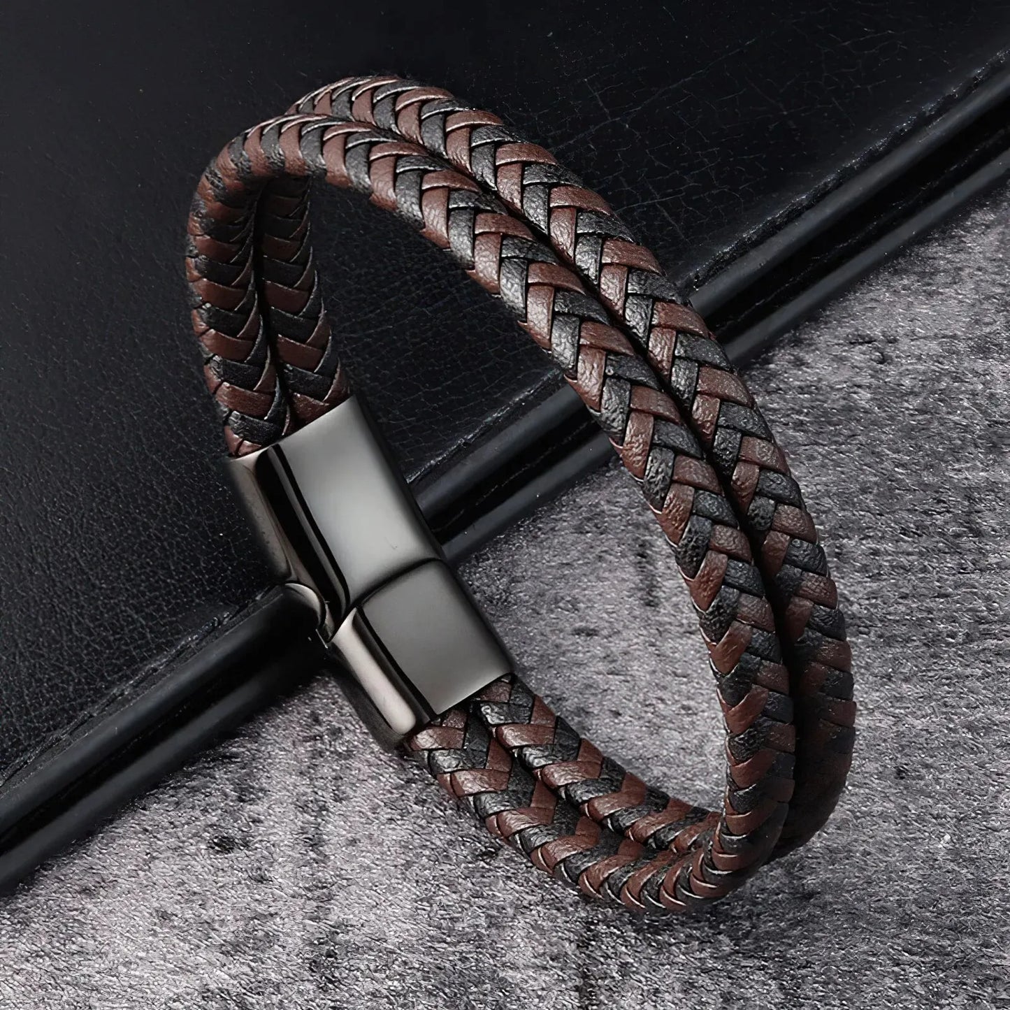 Heren Gevlochten Leren Armband | Dubbele Band | Magnetische Sluiting | Klassieke Stijl