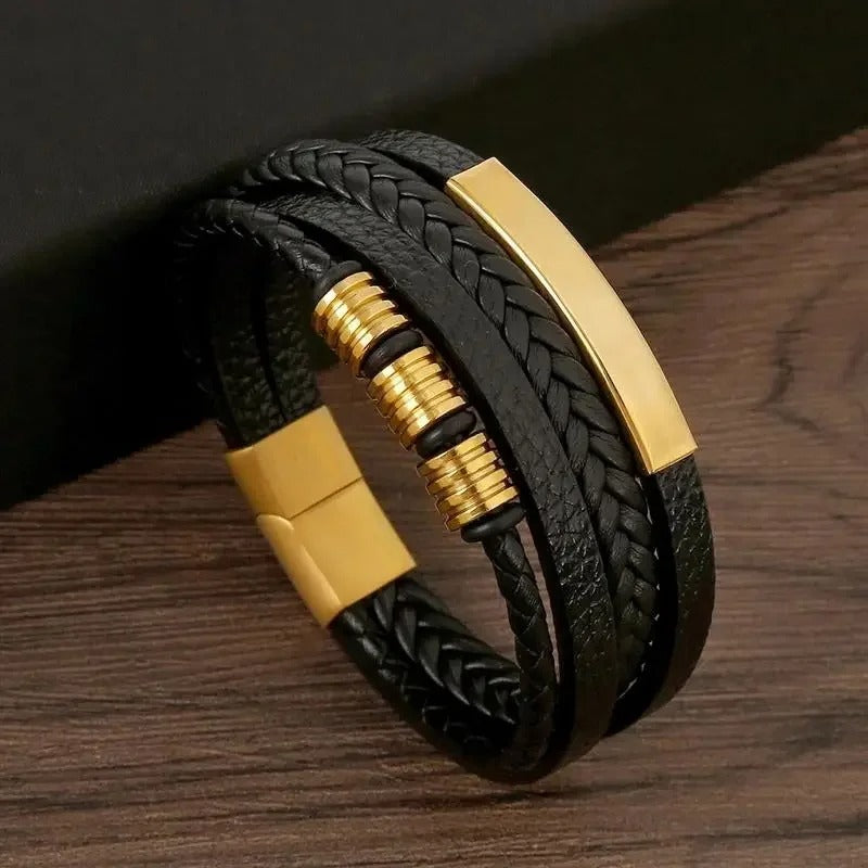 Heren Multi-Laags Gevlochten Leren Armband | Zwart & Goud Punk | Zinklegering Accenten