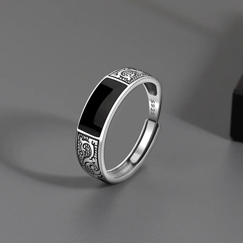 Vintage Zwart Onyx Draak Ring | Open Verstelbare Band | Unisex Retro Gotische Stijl