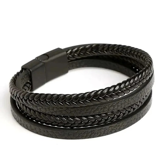 Heren Multi-Laags Gevlochten Leren Armband | Strakke Zwarte Manchet | Magnetische Sluiting