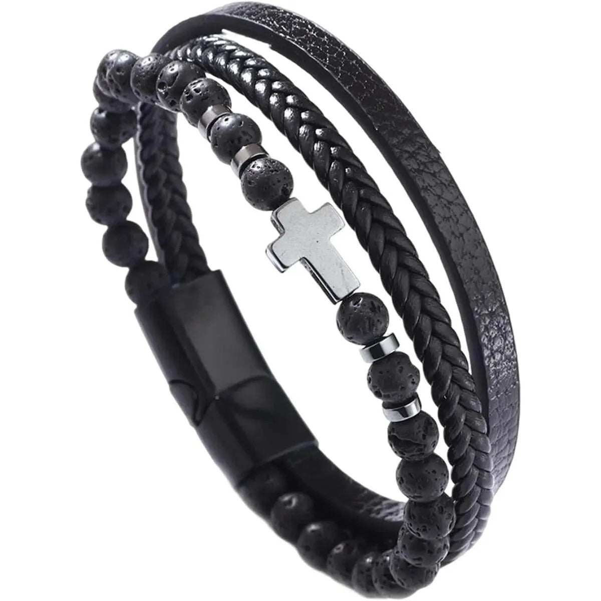 Heren Multi-Laags Kruis Armband | Geloof & Stijl | Leer & Touw | Spiritueel Cadeau