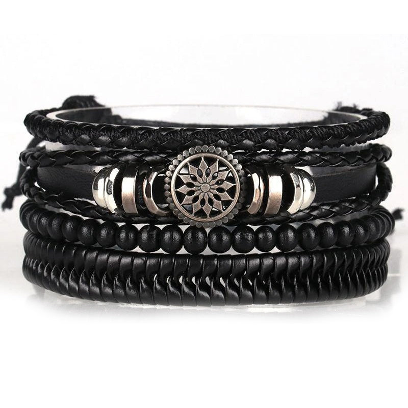 Heren Multi-Laags Wrap Armband Set | Handgemaakte Leren Bangles | Levensboom & Bedels