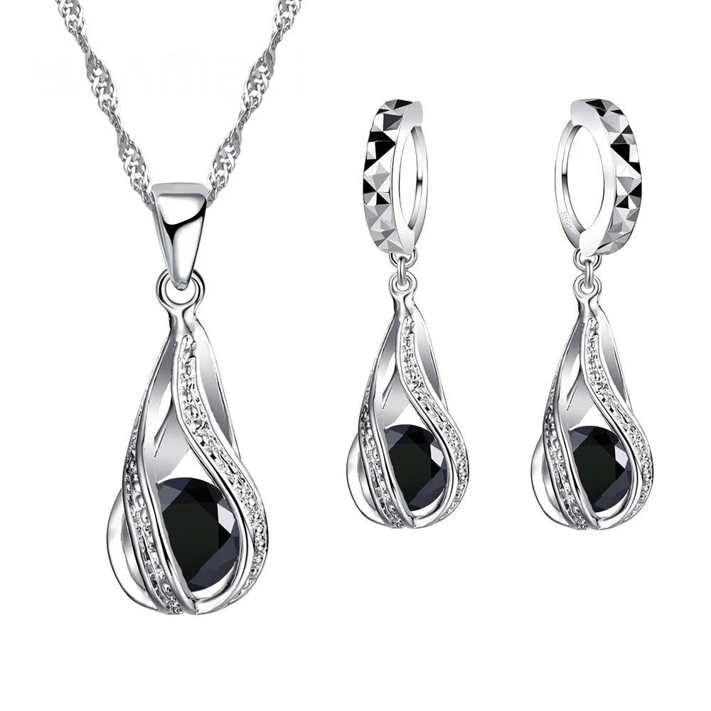 Dames Waterdruppel CZ Sieradenset | Verzilverde Ketting & Oorbellen | Elegant Cadeau