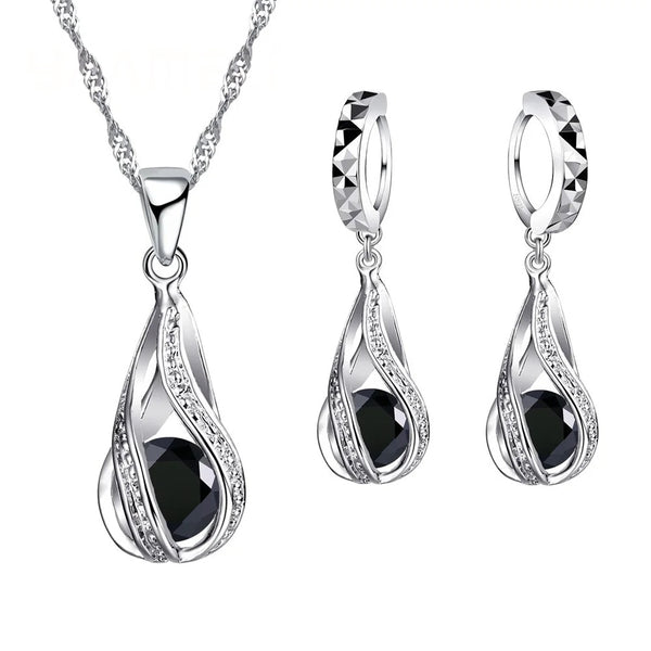 Dames Waterdruppel CZ Sieradenset | Verzilverde Ketting & Oorbellen | Elegant Cadeau