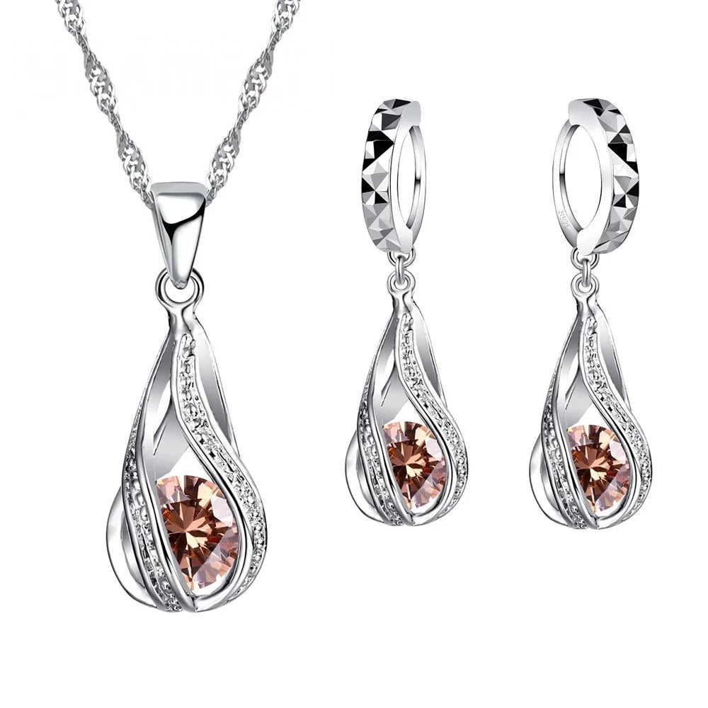 Dames Waterdruppel CZ Sieradenset | Verzilverde Ketting & Oorbellen | Elegant Cadeau