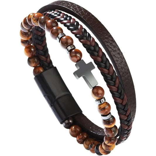 Heren Multi-Laags Kruis Armband | Geloof & Stijl | Leer & Touw | Spiritueel Cadeau