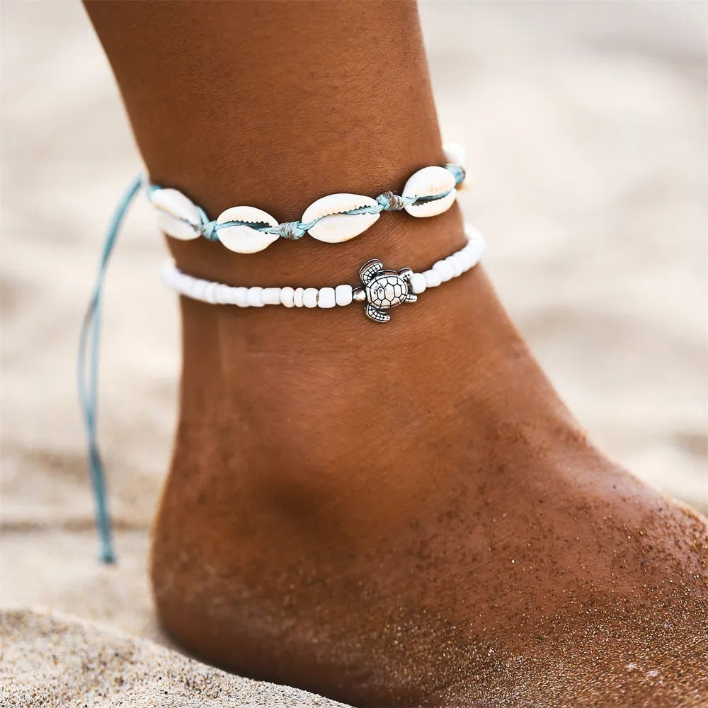Dames Boho Zeeschildpad & Zeester Kralen Enkelbandarmband | Strandstijl | Gelaagde Enkel Armband