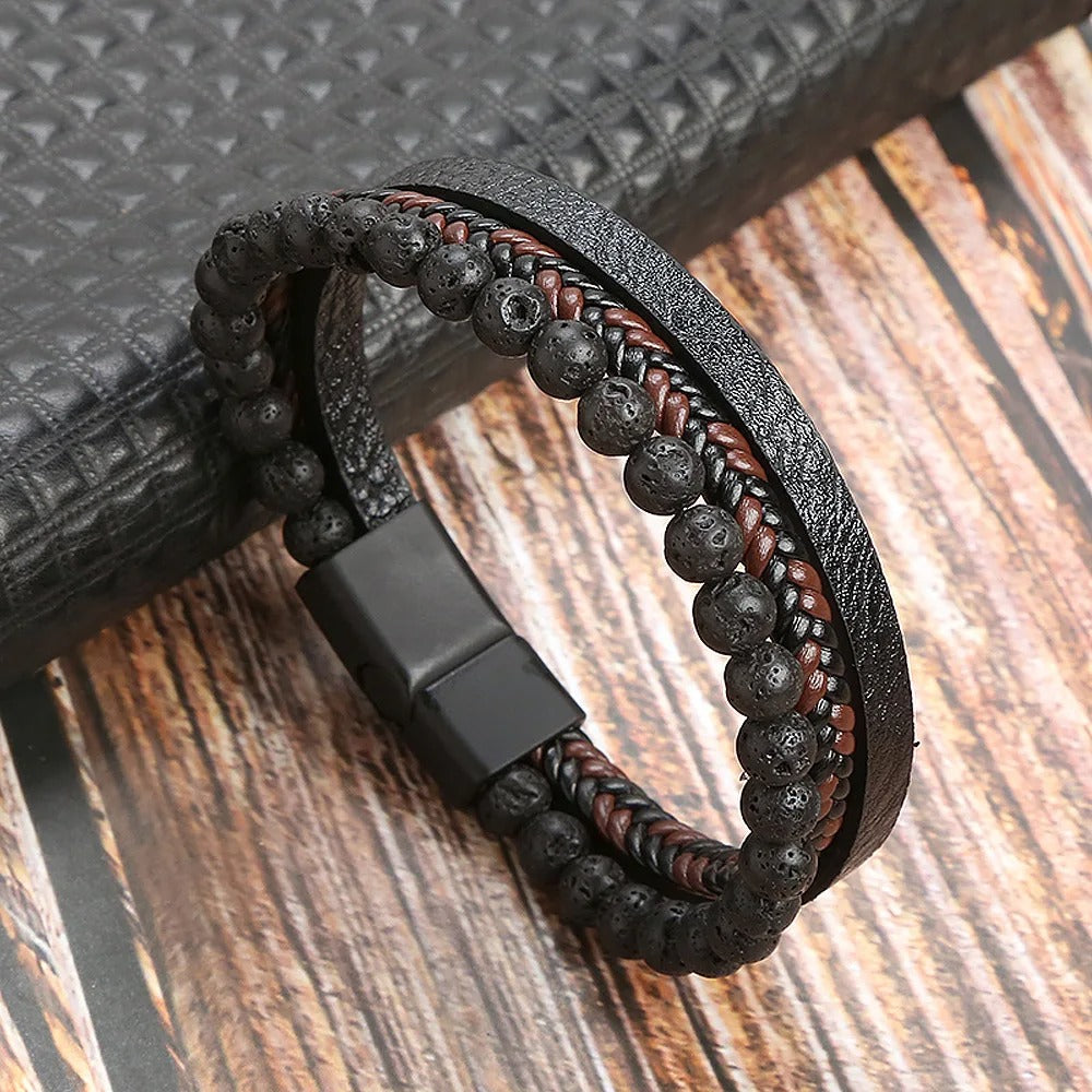 Heren Multi-Laags Leren Armband | Handgeweven met Natuurstenen Kralen | Tijgeroog & Lapis