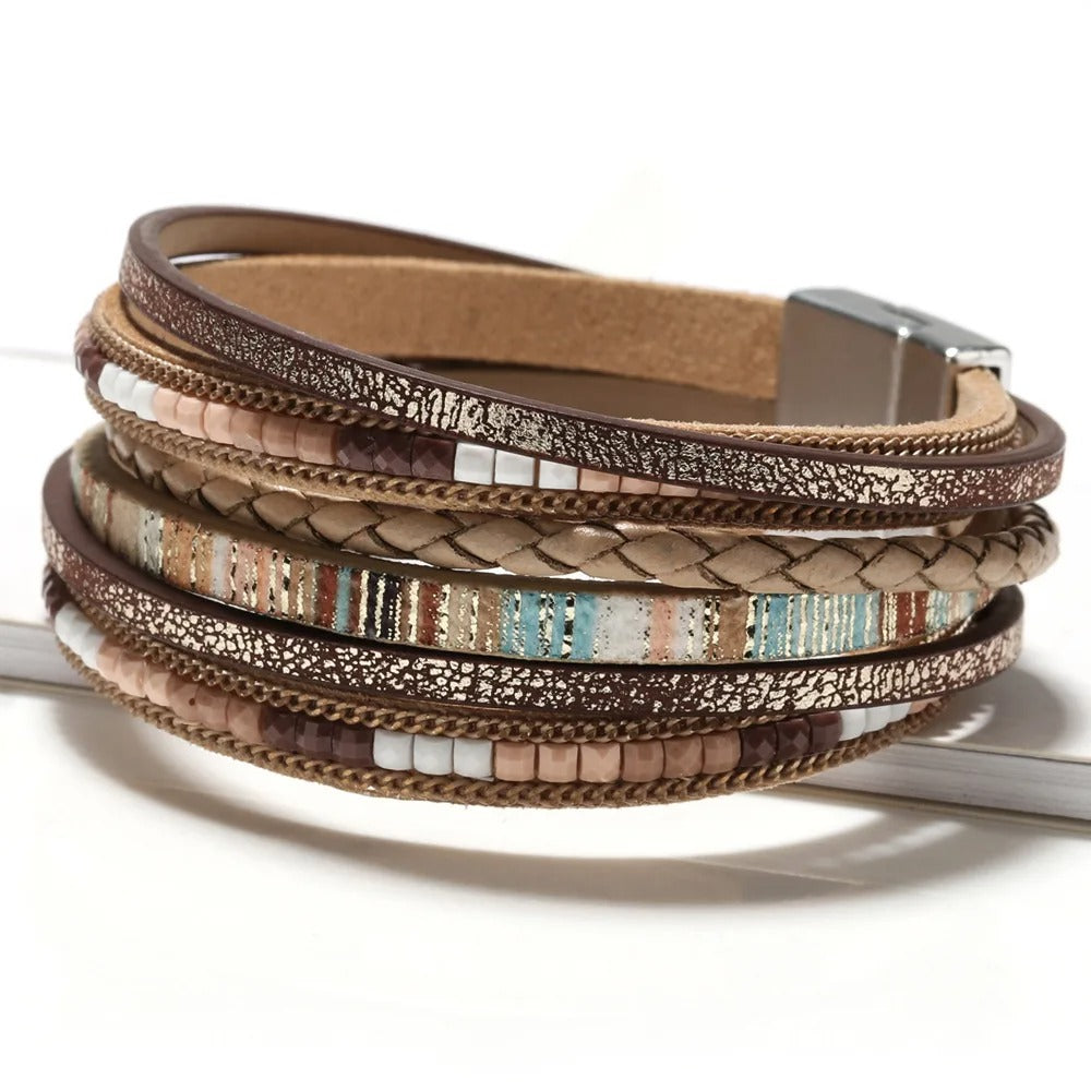 Dames Boho Multi-Laags Leren Wrap Armband | Handgeweven Magnetische Sluiting | Aardse Stijl