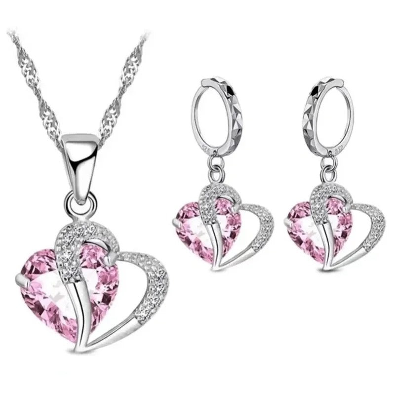 Dames Hart Kristal Ketting & Oorbellen Set | Sprankelende CZ | Romantisch Cadeau voor Haar