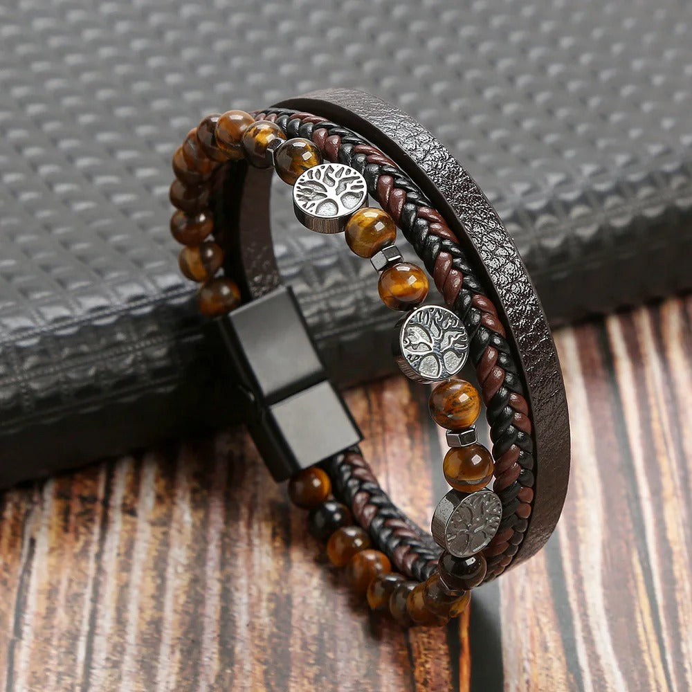 Heren Multi-Laags Kruis Armband | Geloof & Stijl | Leer & Touw | Spiritueel Cadeau