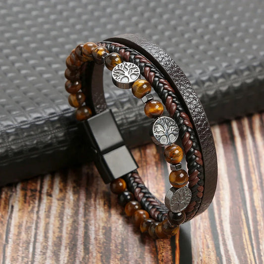 Heren Multi-Laags Kruis Armband | Geloof & Stijl | Leer & Touw | Spiritueel Cadeau