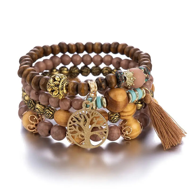 Dames Boho Levensboom Kralen Armband Set | Handgemaakte Houten Kralen | Gelaagde Stapel