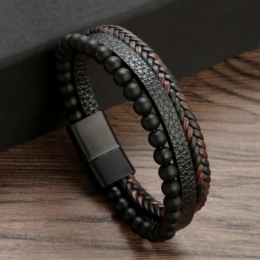 Heren Multi-Laags Leren Armband | Handgeweven met Natuurstenen Kralen | Tijgeroog & Lapis