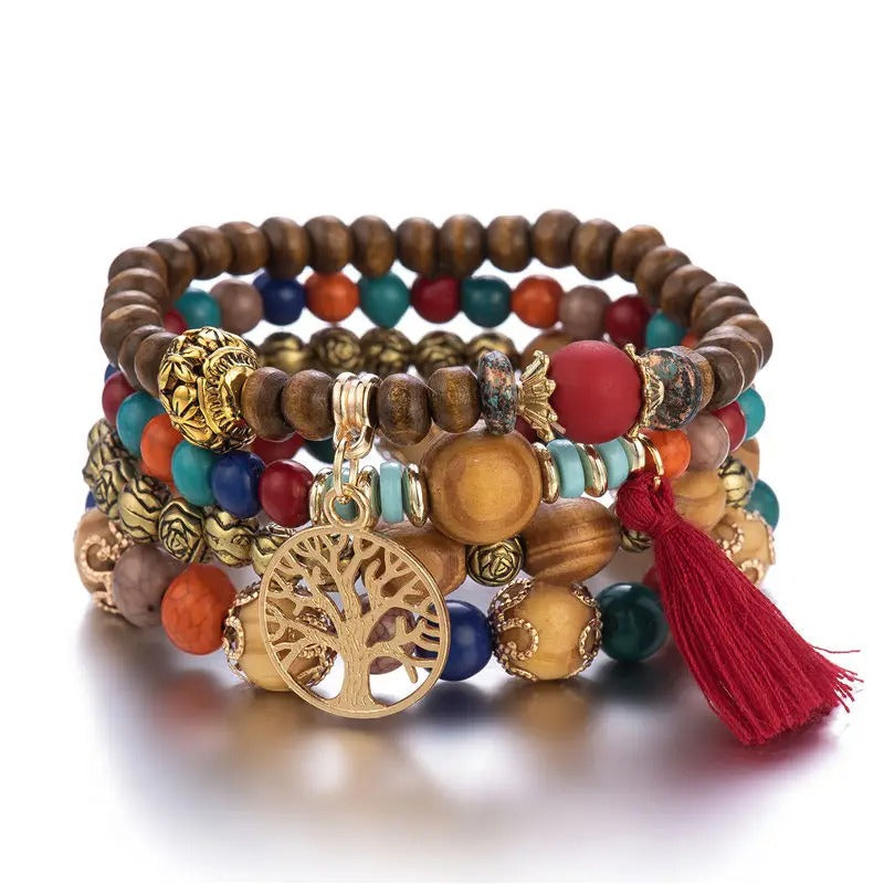 Dames Boho Levensboom Kralen Armband Set | Handgemaakte Houten Kralen | Gelaagde Stapel