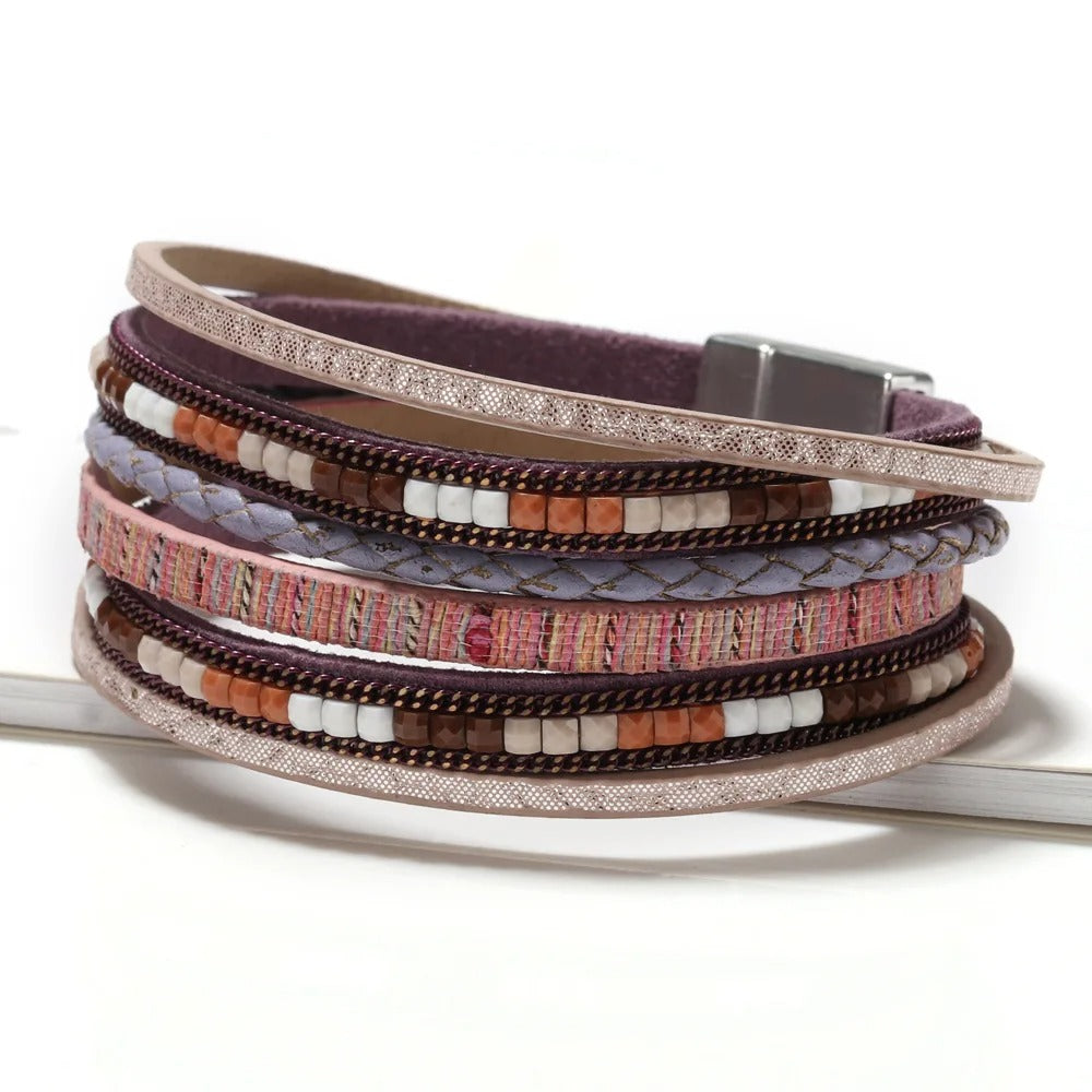 Dames Boho Multi-Laags Leren Wrap Armband | Handgeweven Magnetische Sluiting | Aardse Stijl