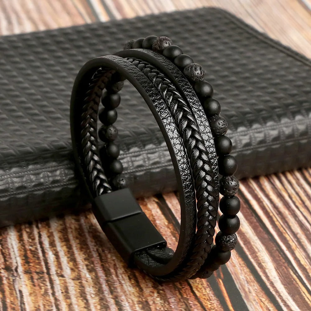 Heren Multi-Laags Leren Armband | Handgeweven met Natuurstenen Kralen | Tijgeroog & Lapis